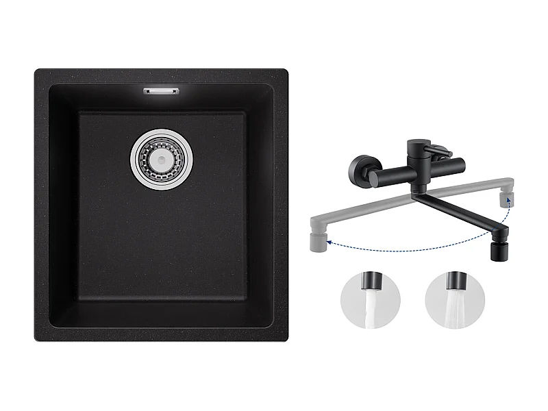 Lavello in quarzo e resina a 1 vasca, 3 opzioni di montaggio, 40*44*20 cm + Miscelatore cucina a parete con 2 getti Nero
