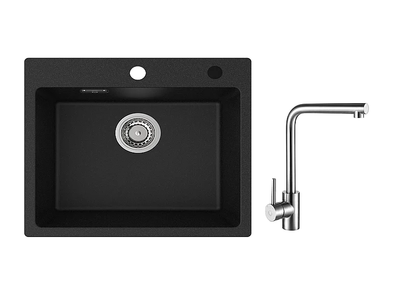 Cecipa MAX Evier 1 Bac 50x45cm Evier en Quartz et Résine Evier à Encastrer + Mitigeur de Evier Rrotatif à 360 ° Brossé