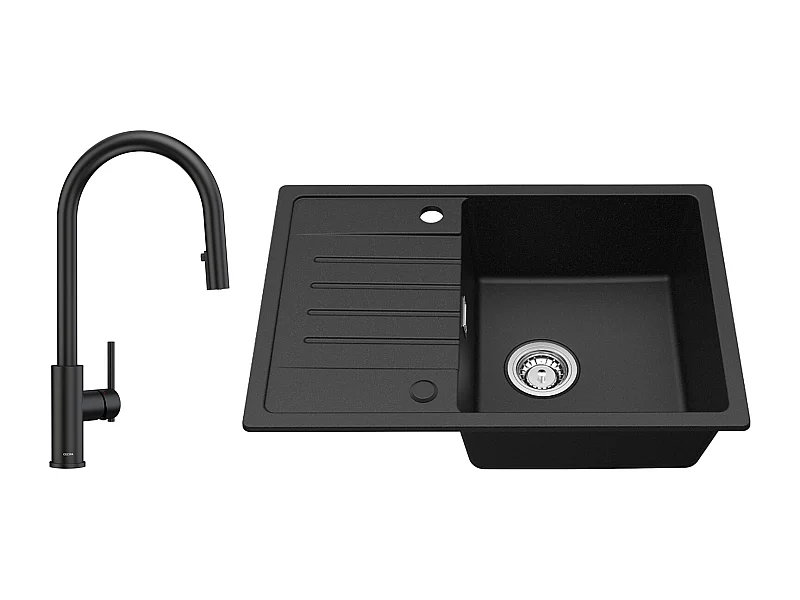 Evier 1 Bac avec Egouttoir, Evier en Quartz et résine Noir 65x45cm + Mitigeur de Cuisine Avec Douchette Extractible, 2 Modes de Sortie D'eau, Noir