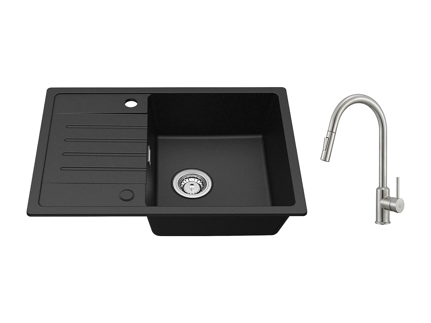 Cecipa max Evier 1 Bac avec Egouttoir Evier à encastrer Quartz Noir 65x45cm + Mitigeur de Cuisine avec Douchette Extractible,2 Modes de Sortie D'eau