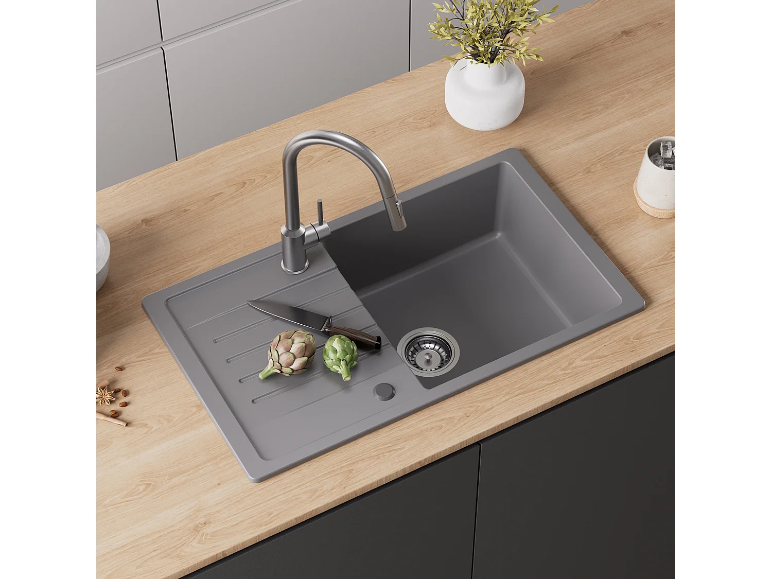 Cecipa max Gris Evier de Cuisine avec Egouttoir 78x45cm + 300ML Distributeur de Savon Noir