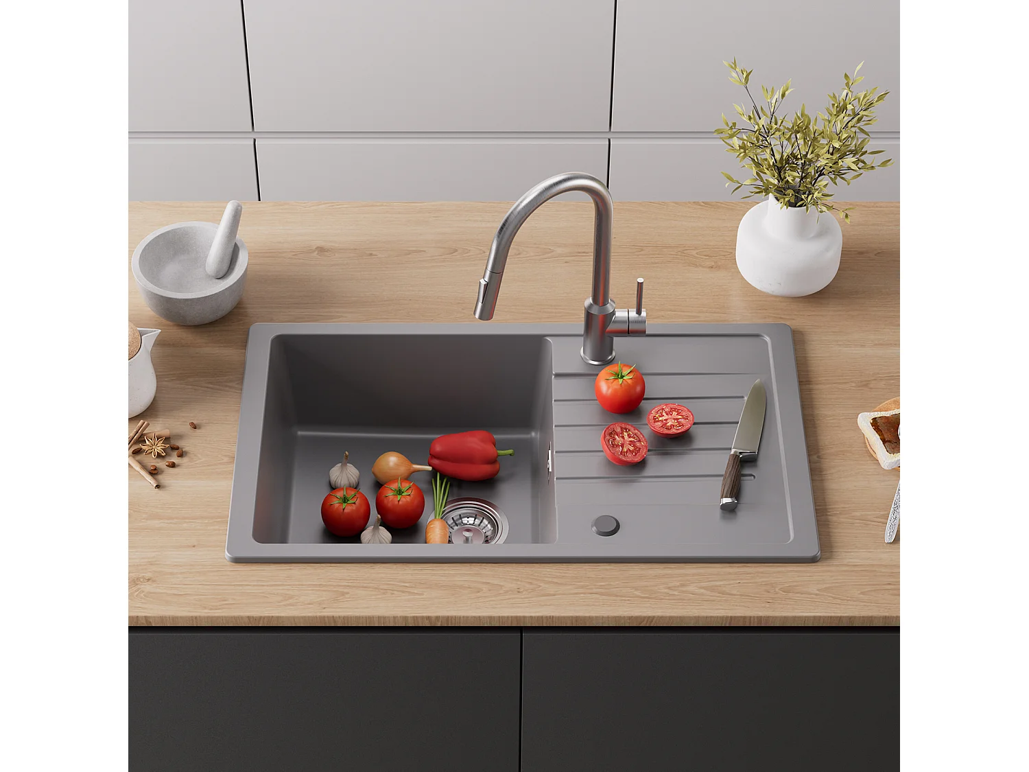 Cecipa max Gris Evier de Cuisine avec Egouttoir 78x45cm + 300ML Distributeur de Savon Noir