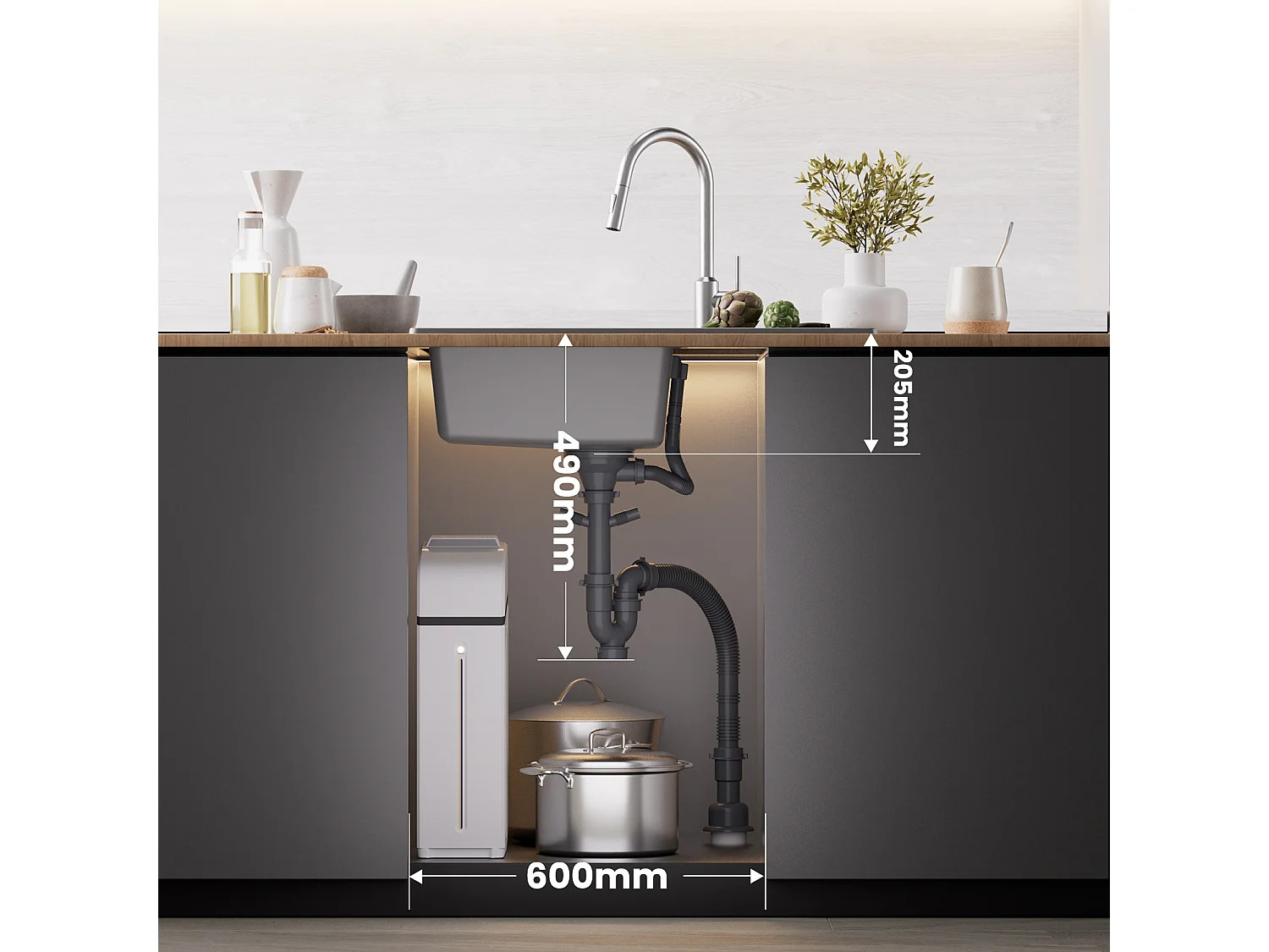Cecipa max Gris Evier de Cuisine avec Egouttoir 78x45cm + 300ML Distributeur de Savon Noir