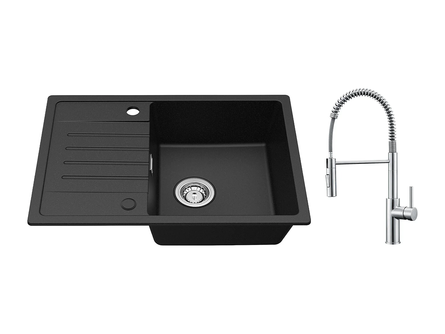 Cecipa max Einzelspüle mit Abtropffläche, Einbauspüle aus Quarz und Kunstharz, Schwarz, 65 x 45 cm + Küchenarmatur mit gebürsteter Feder und ausziehbarer Brause