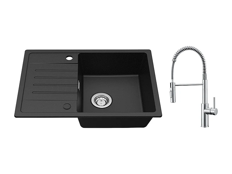Cecipa max Einzelspüle mit Abtropffläche, Einbauspüle aus Quarz und Kunstharz, Schwarz, 65 x 45 cm + Küchenarmatur mit gebürsteter Feder und ausziehbarer Brause