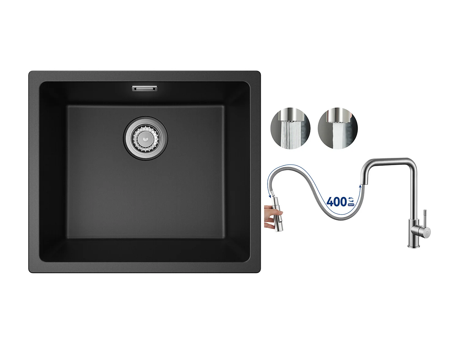 spoelbak in kwarts en hars, 3 montageopties, 50*44*20cm + mengkraan met uittrekbare spray, geborsteld