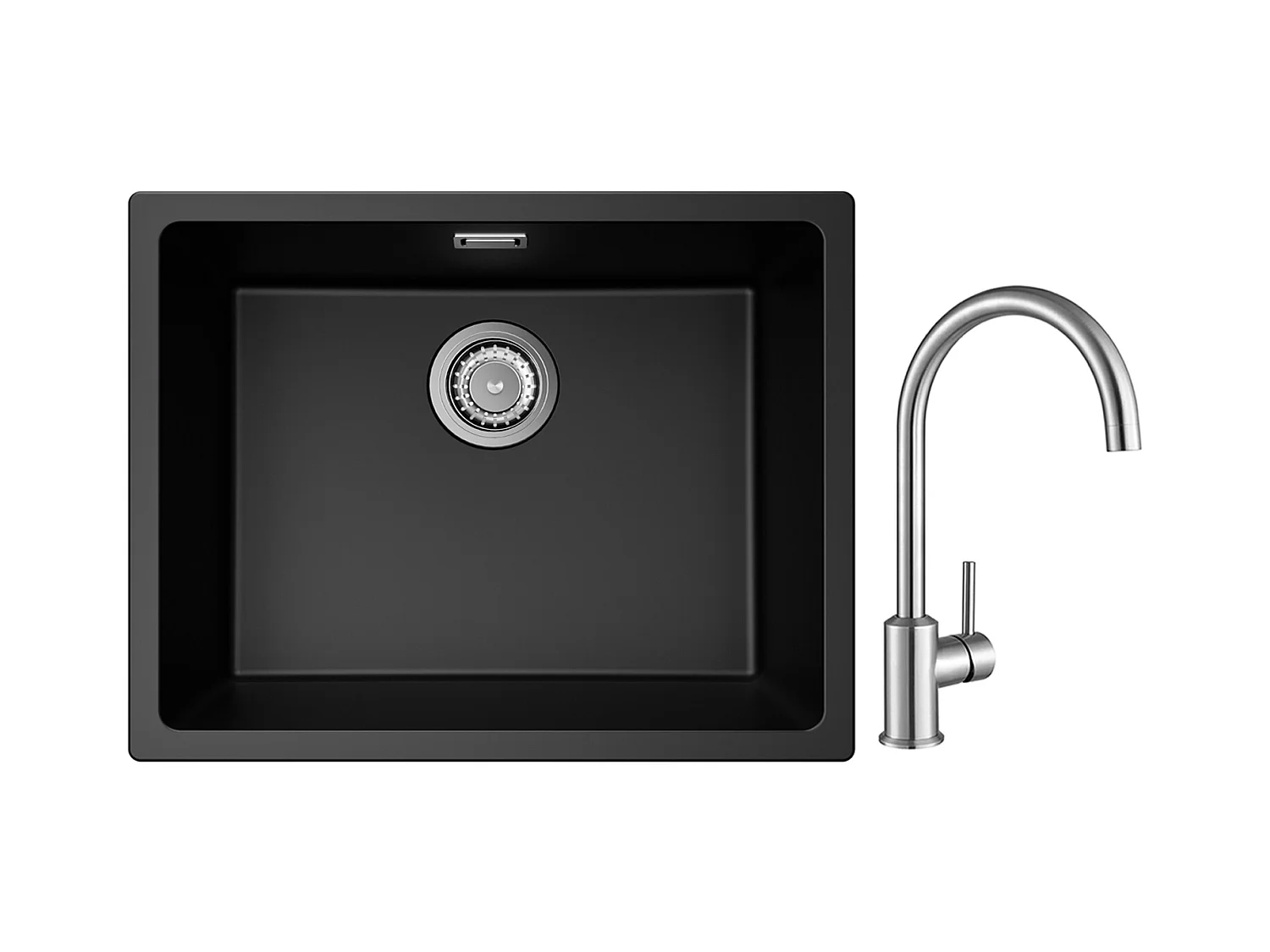 Fregadero de 1 seno de cuarzo y resina, 3 opciones de montaje, 55*44*20 cm + grifo de cocina monomando de acero inoxidable cepillado