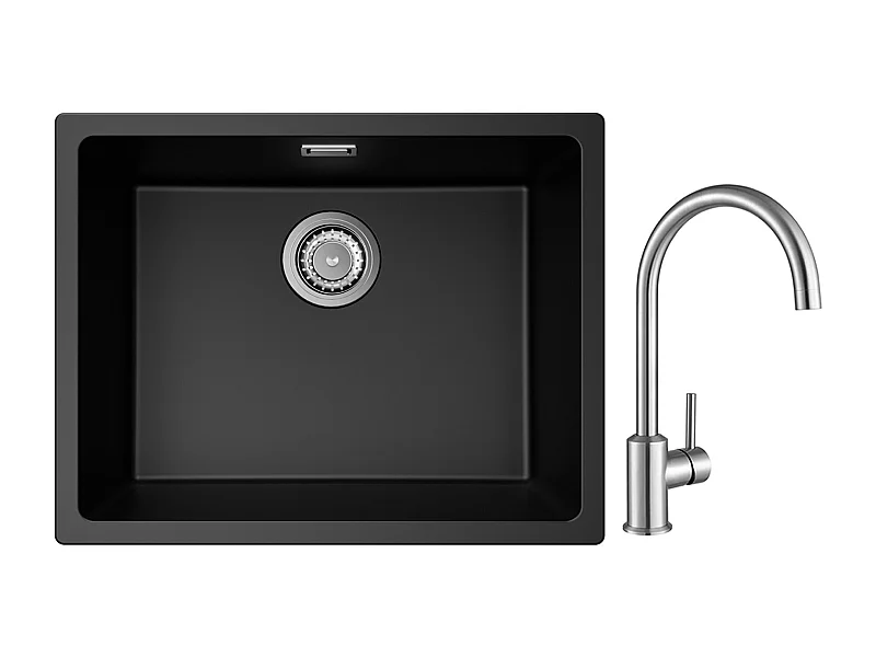 Evier 1 Bac en Quartz et Résine, 3 Options de Montage, 55*44*20cm + Mitigeur de Cuisine en Inox Brossé