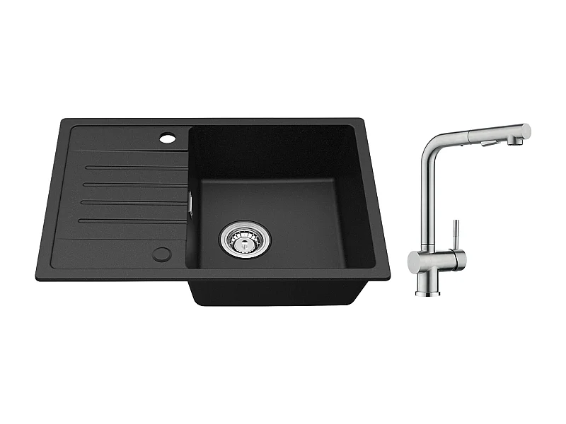 Cecipa max 1 spoelbak met afdruiprek Inbouwspoelbak van kwarts en hars Zwart 65x45cm + Kraan met sproeier Uittrekbare spoelbakmengkraan Geborsteld