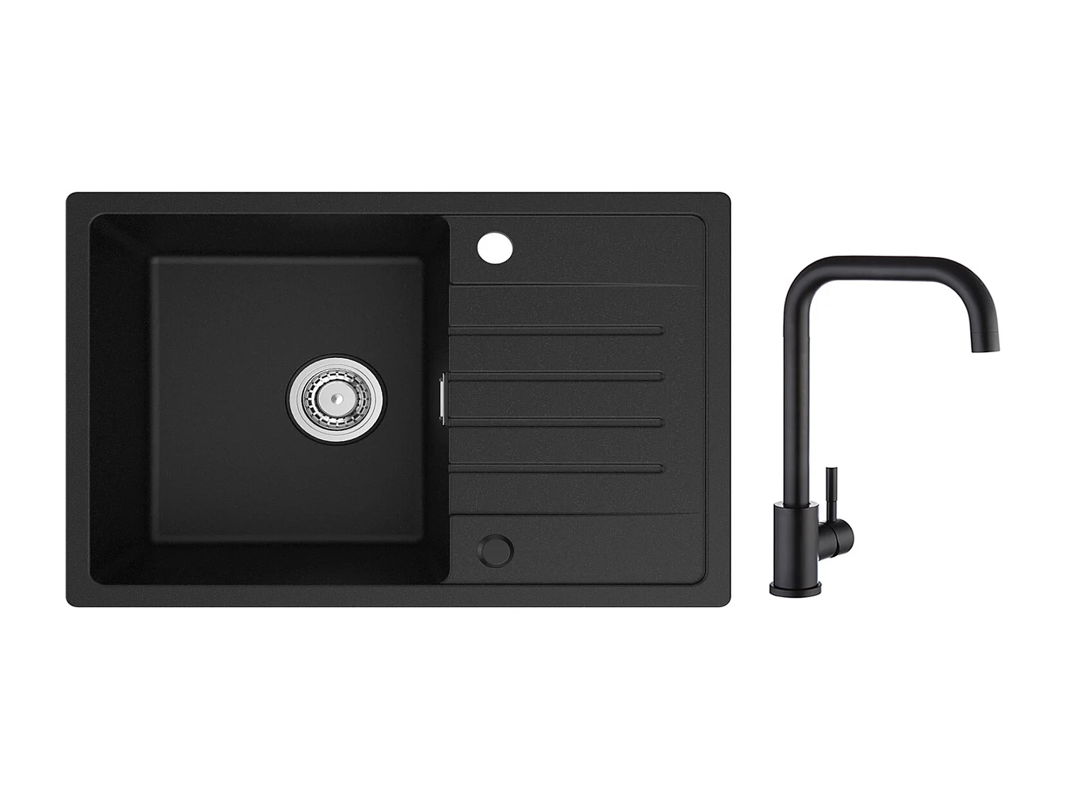 Evier 1 Bac en Quartz et Résine - Noir Evier avec Egouttoir 78x45cm + Mitigeur de Cuisine en Inox Noir avec Bec Haut et Incurvé