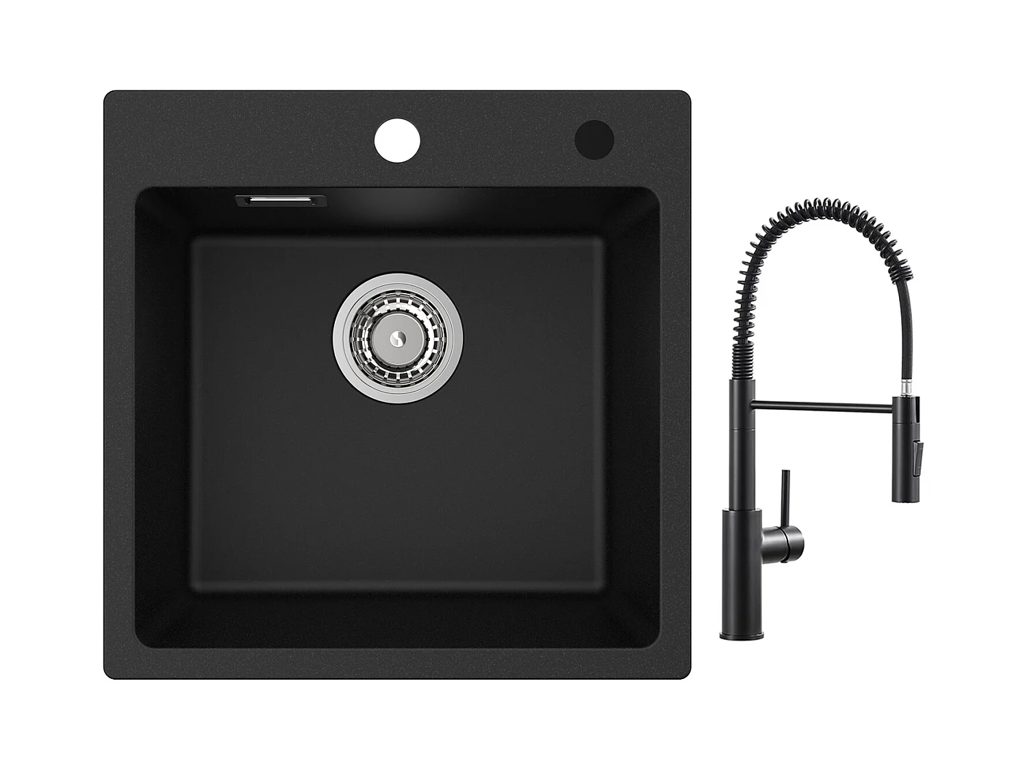 Cecipa max Evier Quartz Noir 45x45 cm Evier 1 Bac en Quartz et Résine Evier de Cuisine + Mitigeur Cuisine à Ressort Noir avec Douchette Extractible