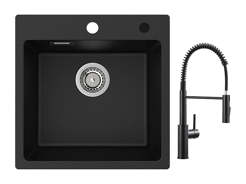 Fregadero Cecipa max de cuarzo negro 45x45 cm Fregadero de 1 seno de cuarzo y resina + Mezclador de cocina con resorte negro con ducha extraíble