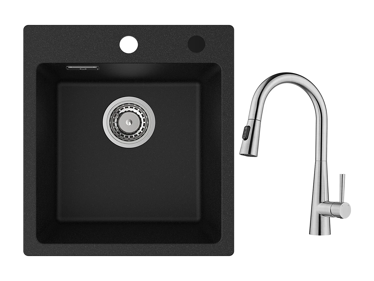 Lavello Cucina Cecipa max in Quarzo e Resina 40x45cm Lavello Quarzo 1 Vasca Nera + Miscelatore con Doccetta Estraibile, 3 Modalità di Uscita Acqua, Spazzolato