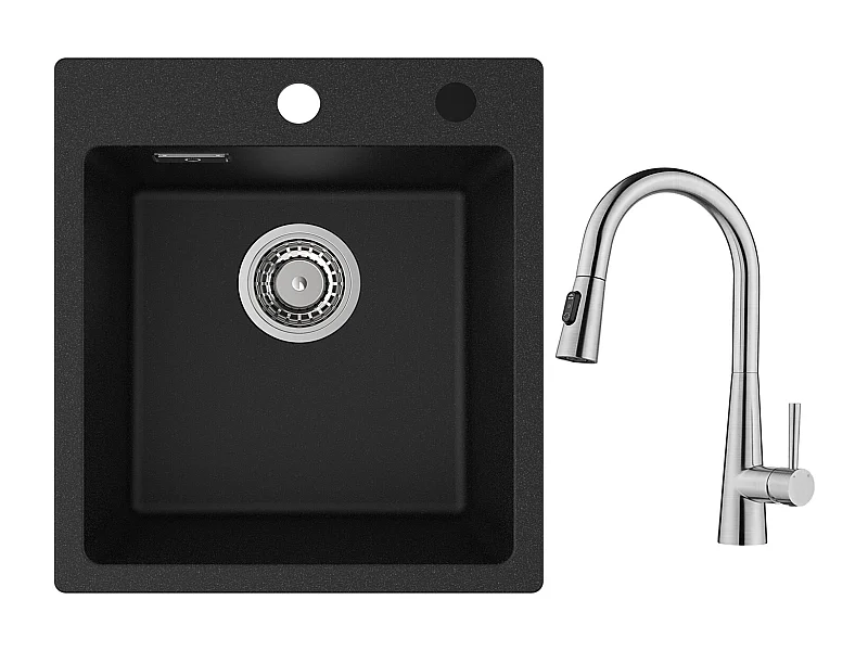 Lavello Cucina Cecipa max in Quarzo e Resina 40x45cm Lavello Quarzo 1 Vasca Nera + Miscelatore con Doccetta Estraibile, 3 Modalità di Uscita Acqua, Spazzolato