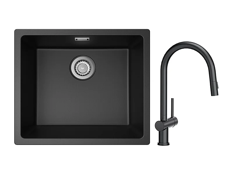 CECIPA MAX Evier 1 Bac en Quartz et Résine Noir Gris 50*44*20cm + Mitigeur de Cuisine avec Douchette Extractible avec 2 Types de Jet