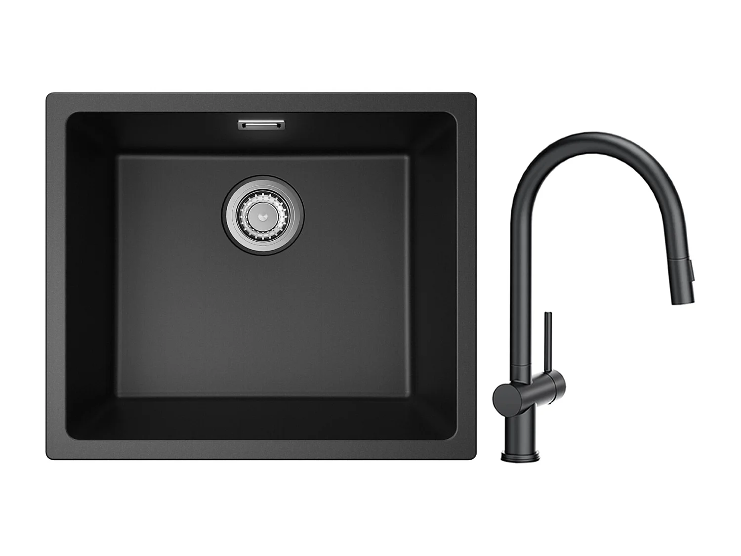 CECIPA MAX Evier 1 Bac en Quartz et Résine Noir Gris 50*44*20cm + Mitigeur de Cuisine avec Douchette Extractible avec 2 Types de Jet