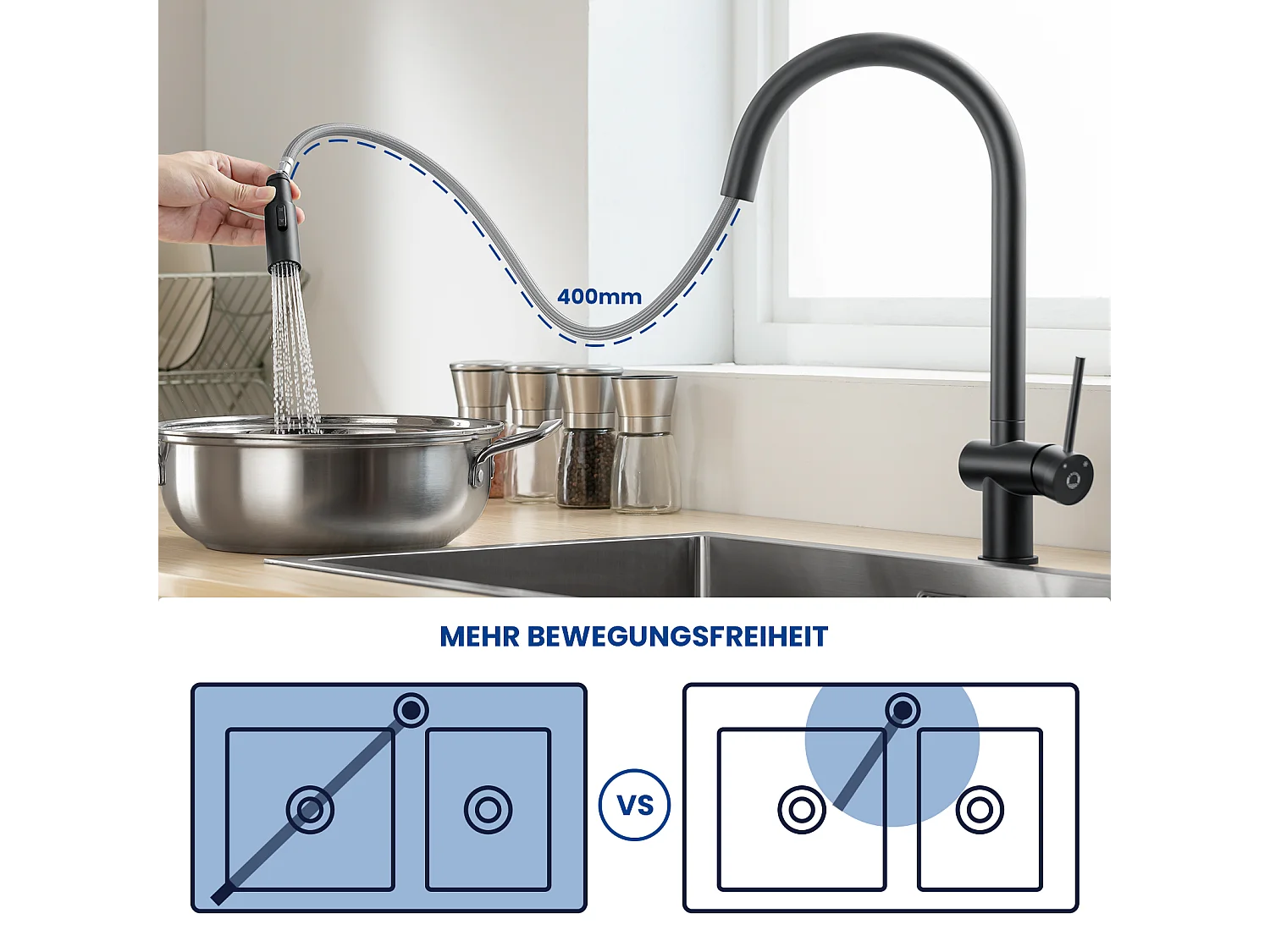 CECIPA MAX Evier 1 Bac en Quartz et Résine Noir Gris 50*44*20cm + Mitigeur de Cuisine avec Douchette Extractible avec 2 Types de Jet