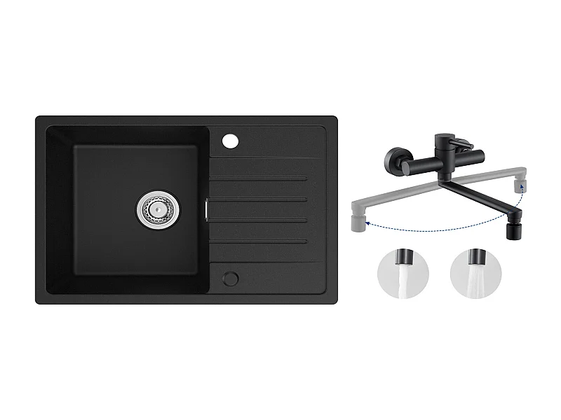 Einzelspüle aus Quarz und Kunstharz – schwarze Spüle mit Abtropffläche 78 x 45 cm + wandmontierte Küchenmischbatterie mit 2 schwarzen Düsen
