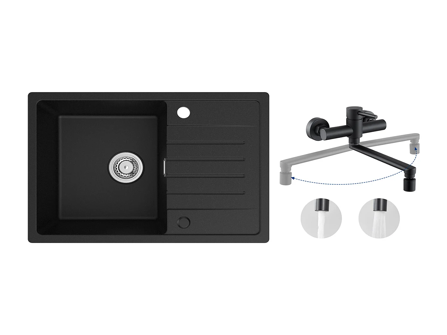 Einzelspüle aus Quarz und Kunstharz – schwarze Spüle mit Abtropffläche 78 x 45 cm + wandmontierte Küchenmischbatterie mit 2 schwarzen Düsen