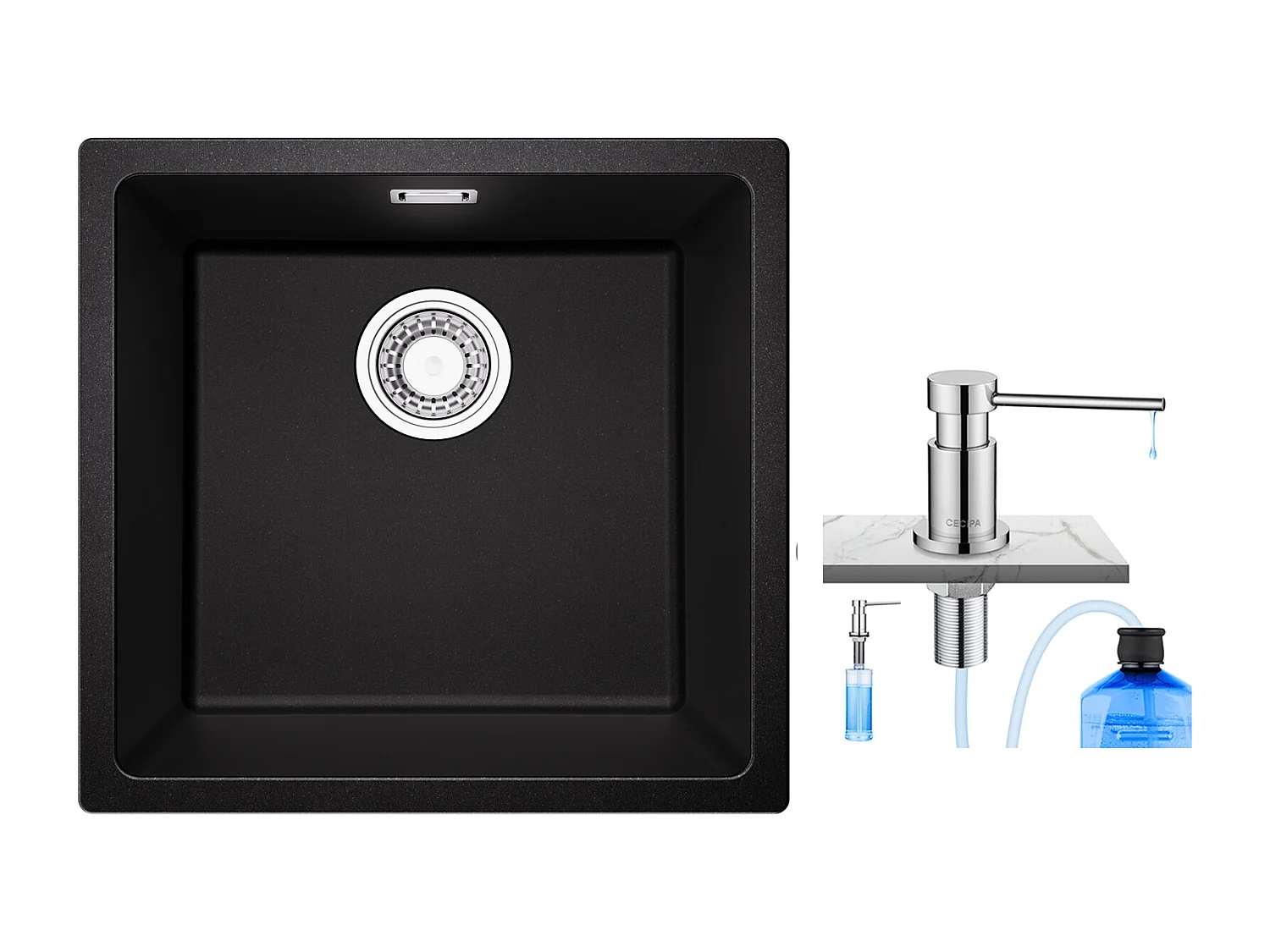 CECIPA MAX Evier 1 Bac en Quartz et Résine, 3 Options de Montage, 45*44*20cm + 300ML Distributeur de Savon de Cuisine Chromé