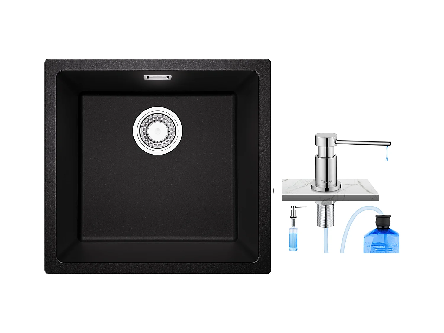 CECIPA MAX Evier 1 Bac en Quartz et Résine, 3 Options de Montage, 45*44*20cm + 300ML Distributeur de Savon de Cuisine Chromé