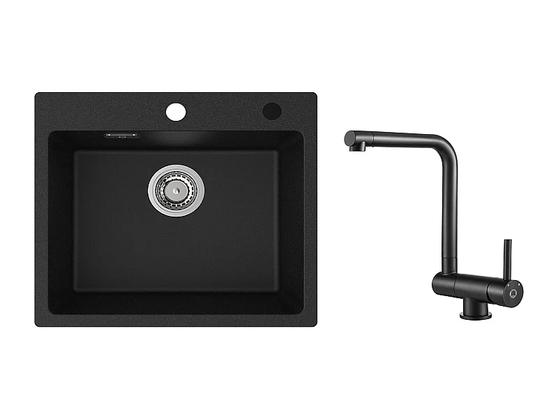 Cecipa MAX Evier 1 Bac 50x45cm Evier en Quartz et Résine Evier à Encastrer + Mitigeur de Cuisine Rabattable Noir