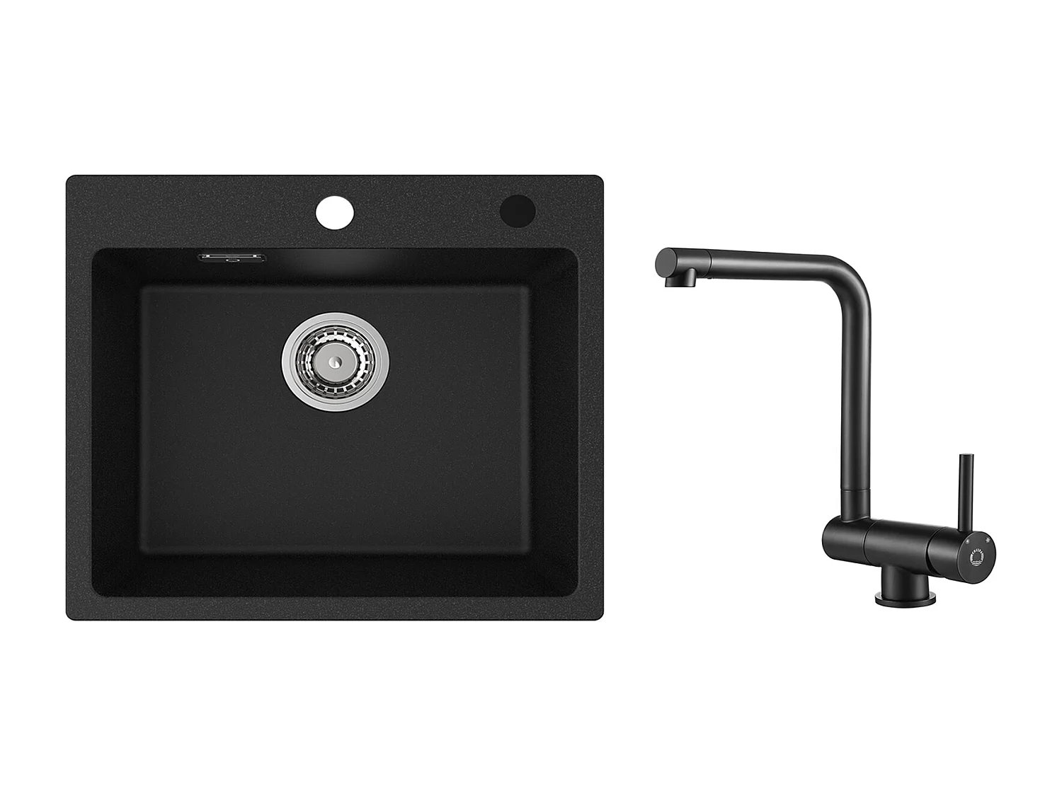 Cecipa MAX Evier 1 Bac 50x45cm Evier en Quartz et Résine Evier à Encastrer + Mitigeur de Cuisine Rabattable Noir