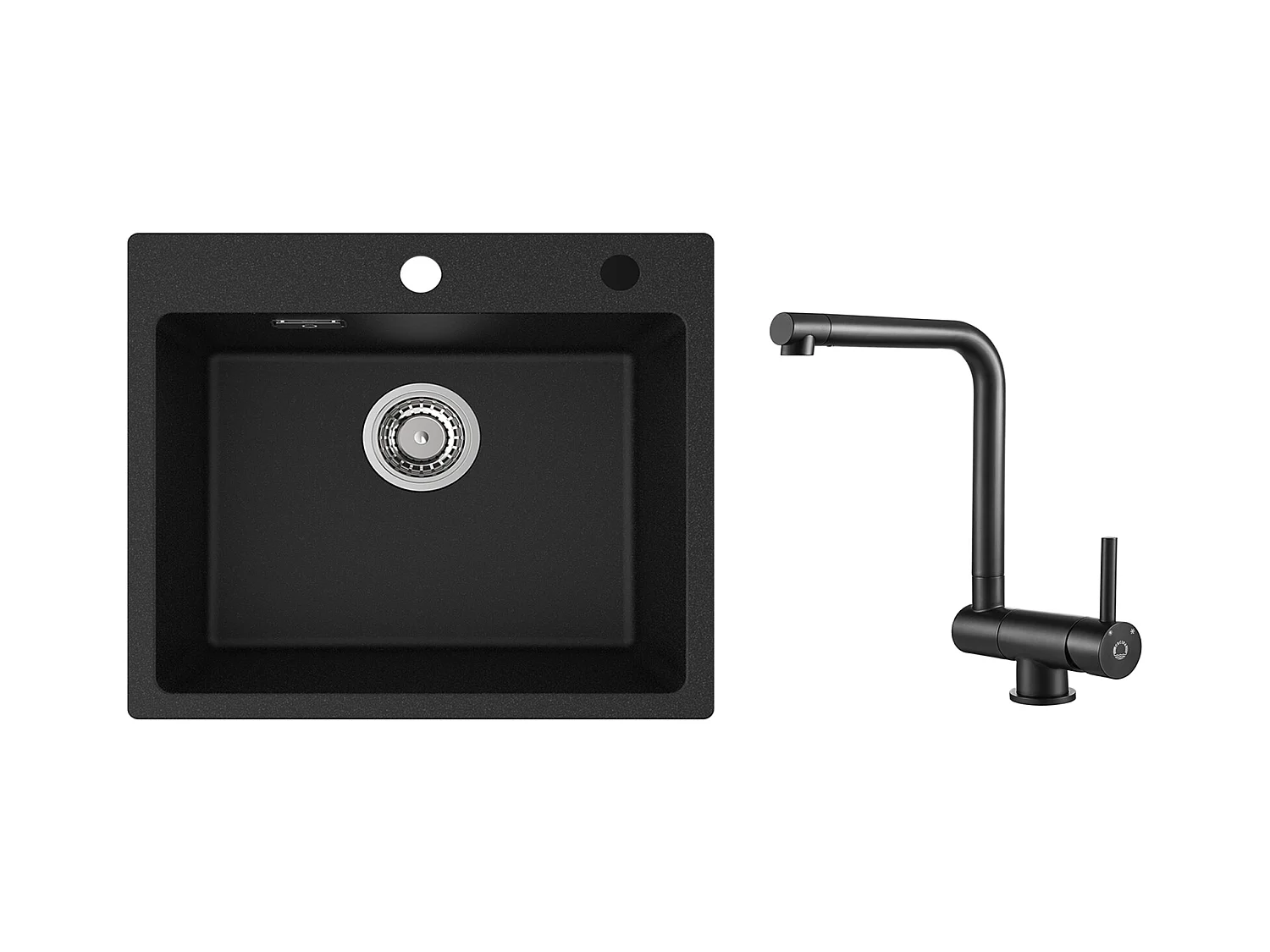 Cecipa MAX Evier 1 Bac 50x45cm Evier en Quartz et Résine Evier à Encastrer + Mitigeur de Cuisine Rabattable Noir