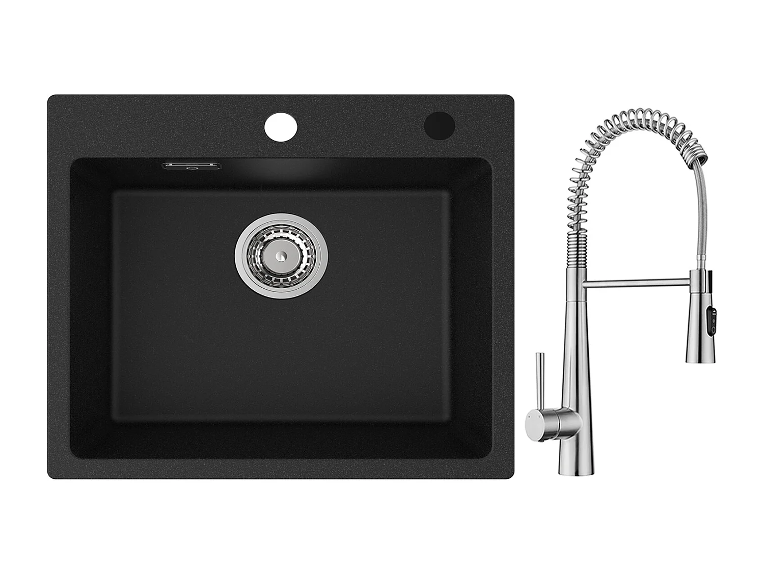 Cecipa max Evier Quartz Noir 50x45cm Evier 1 Bac en Quartz et Résine + Mitigeur de Cuisine à Ressort avec 3 Modes de Sortie D'eau, Brossé