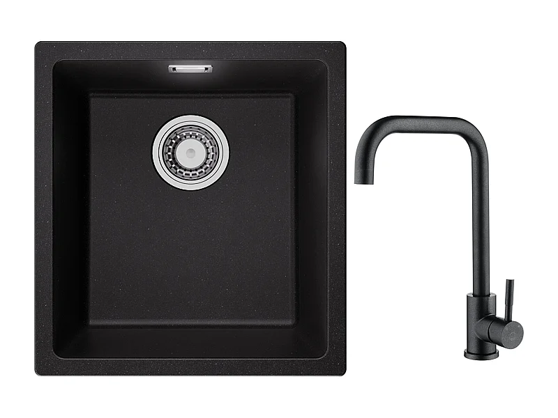 Evier 1 Bac en Quartz et Résine, 3 Options de Montage, 40*44*20cm + Mitigeur de Cuisine en Inox Noir étoilé avec Bec Haut et Incurvé