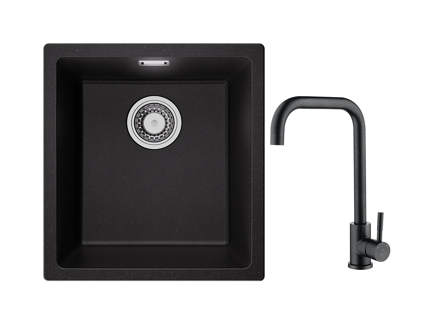 Evier 1 Bac en Quartz et Résine, 3 Options de Montage, 40*44*20cm + Mitigeur de Cuisine en Inox Noir étoilé avec Bec Haut et Incurvé