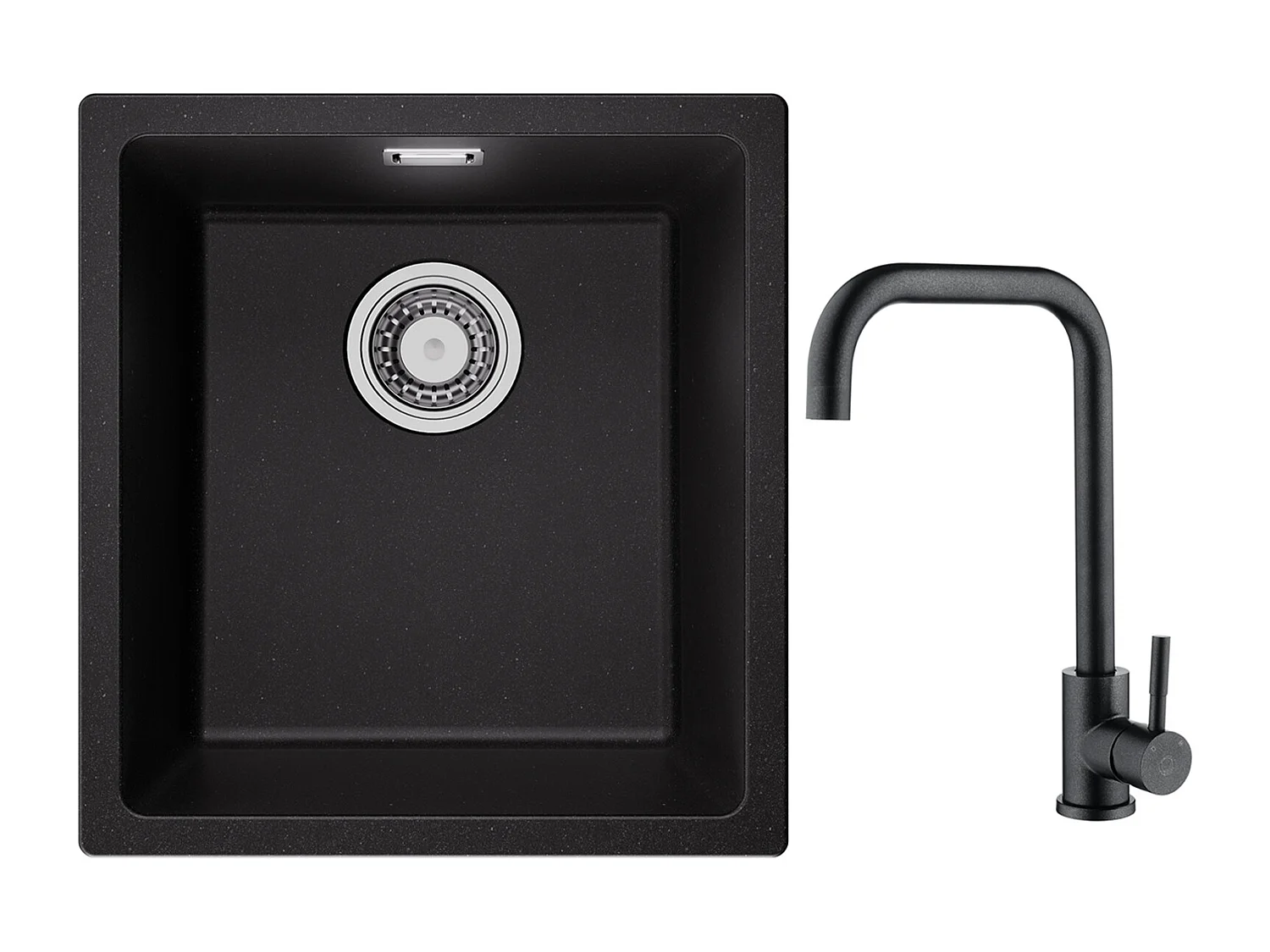 Evier 1 Bac en Quartz et Résine, 3 Options de Montage, 40*44*20cm + Mitigeur de Cuisine en Inox Noir étoilé avec Bec Haut et Incurvé