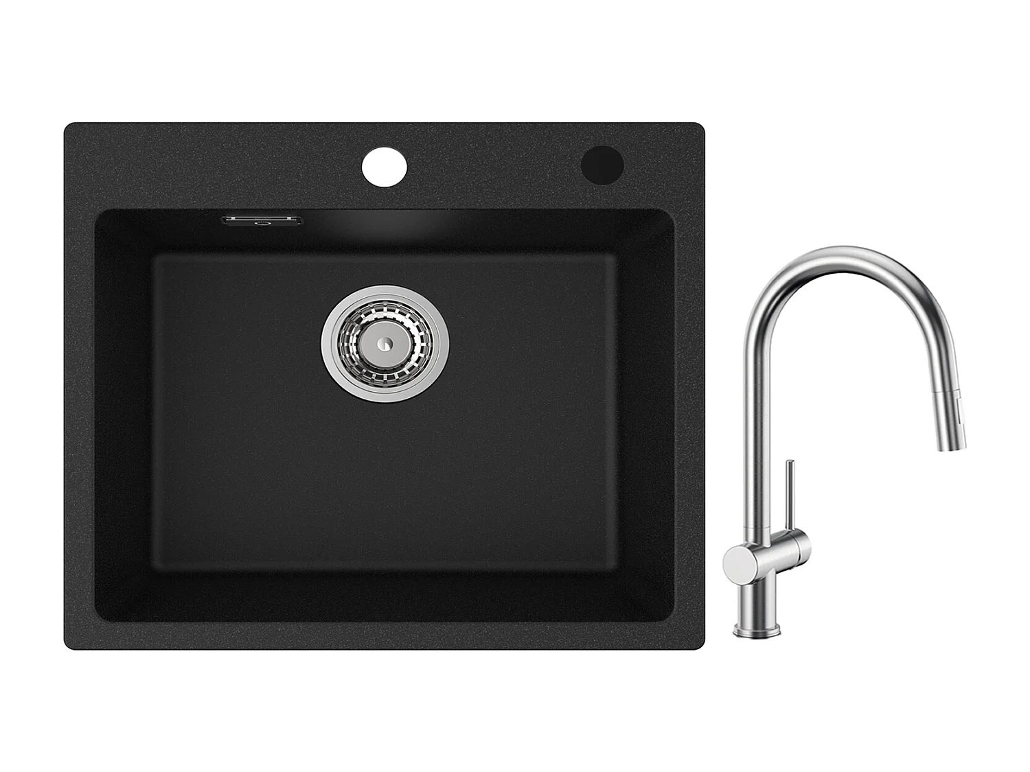 Cecipa max Fregadero de cuarzo negro 50x45 cm Fregadero de cuarzo de 1 seno Fregadero de cocina de granito + grifo de cocina mezclador con ducha extraíble cepillada