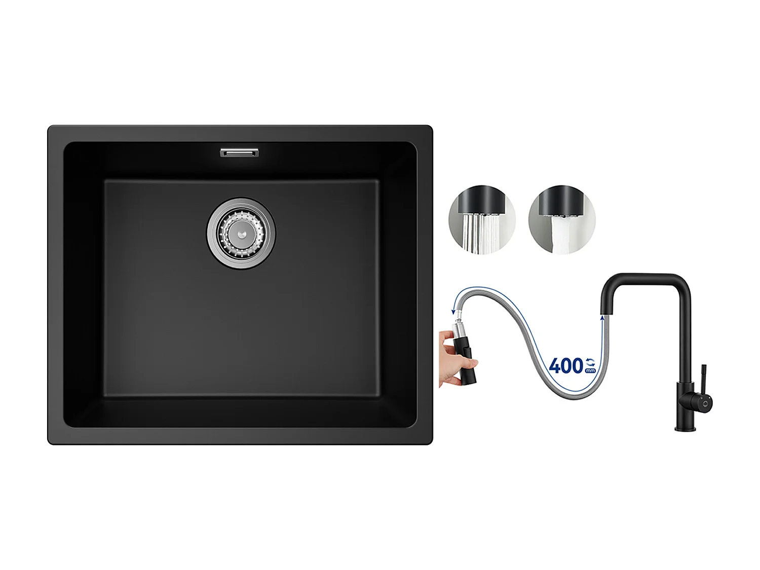 Fregadero de 1 Lavabo en Cuarzo y Resina, 3 Opciones de Montaje, 55*44*20cm + Grifo Monomando con Ducha Extraíble, Negro