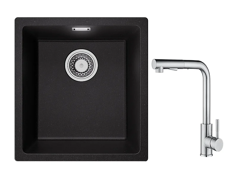 CECIPA MAX Evier 1 Bac en Quartz et Résine Noir Gris 40*44*20cm + Mitigeur Cuisine Brossé avec Douchette Extractible - 2 Jets aux Choix