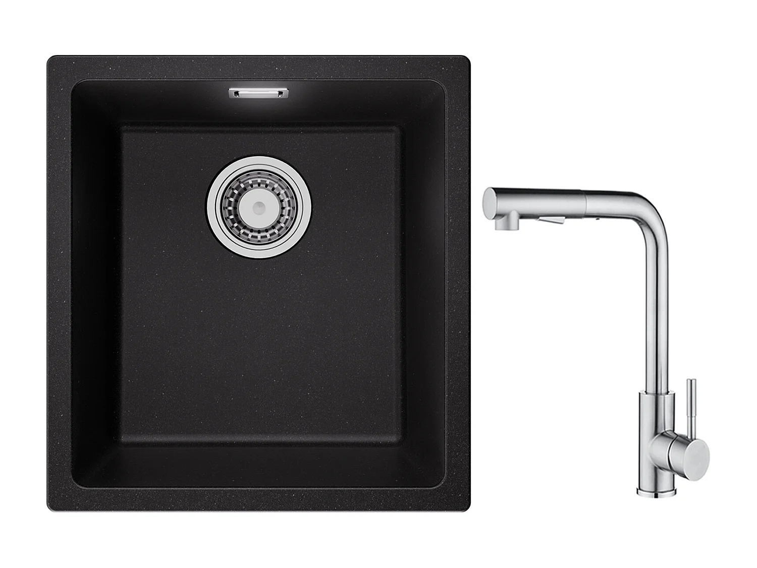 CECIPA MAX spoelbak 1 kom in kwarts en zwartgrijze hars 40*44*20cm + geborstelde keukenmengkraan met uittrekbare spray - 2 jets om uit te kiezen