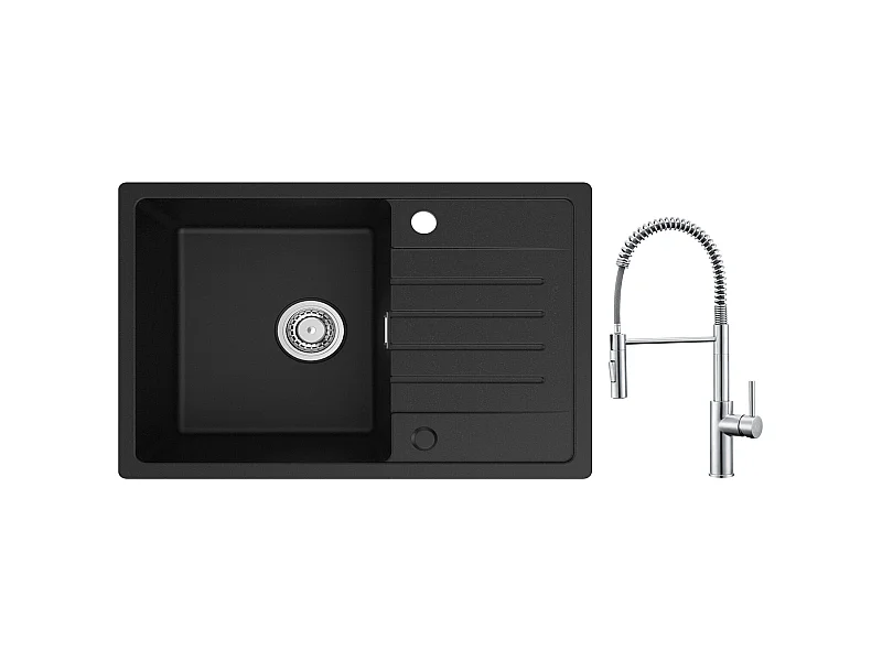 Cecipa max 78 x 45 cm, Einzelspüle mit Abtropffläche, Einbauspüle, Quarz- und Kunstharz, Schwarz + gebürstete Feder, Küchenmischbatterie mit ausziehbarer Brause