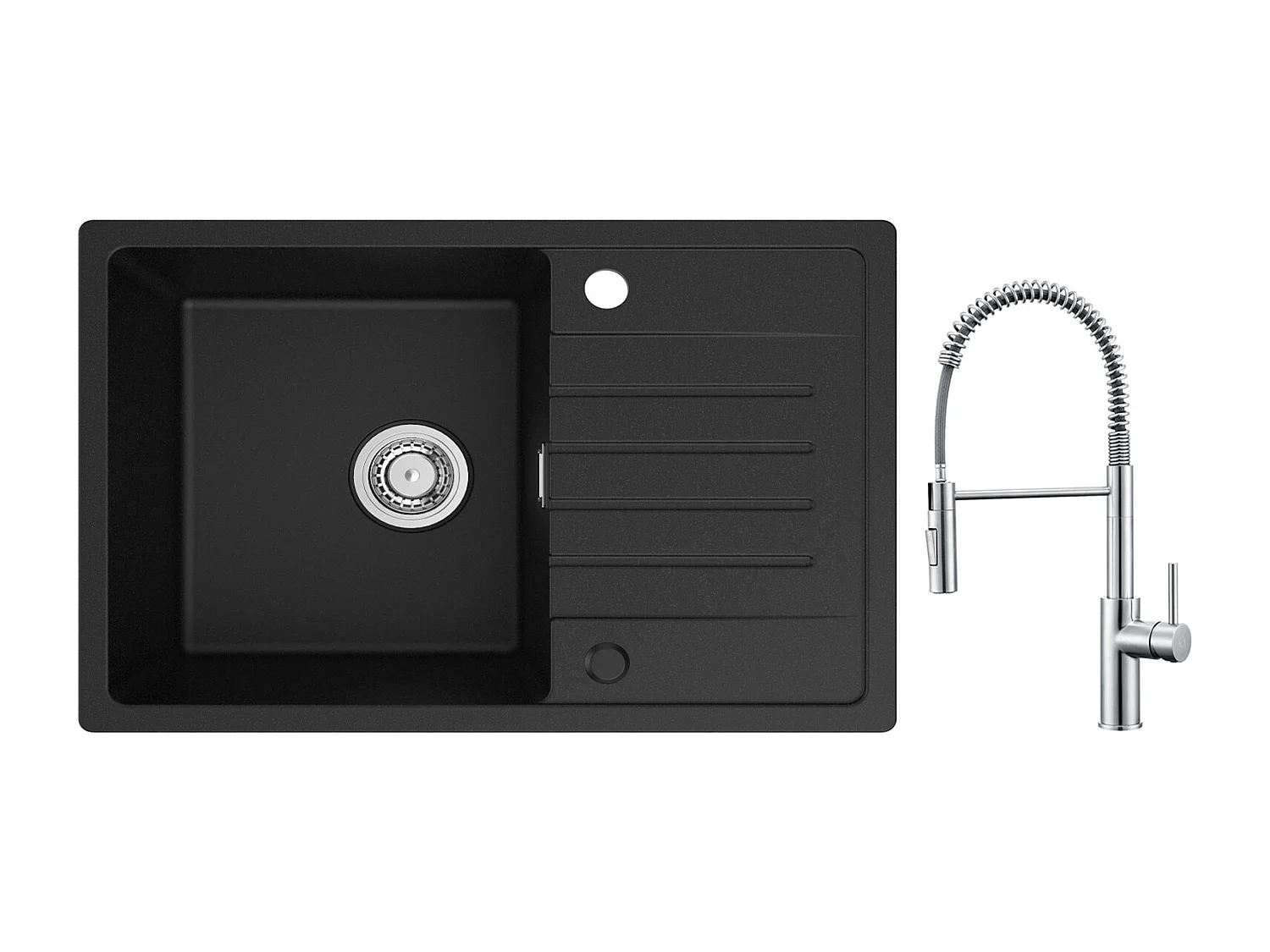 Cecipa max 78x45cm Evier 1 Bac avec Egouttoir Evier à encastrer Quartz et résine Noir + Mitigeur Cuisine à Ressort Brossé avec Douchette Extractible