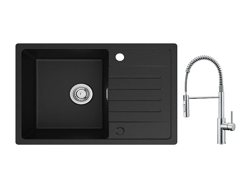 Cecipa max 78x45cm Evier 1 Bac avec Egouttoir Evier à encastrer Quartz et résine Noir + Mitigeur Cuisine à Ressort Brossé avec Douchette Extractible