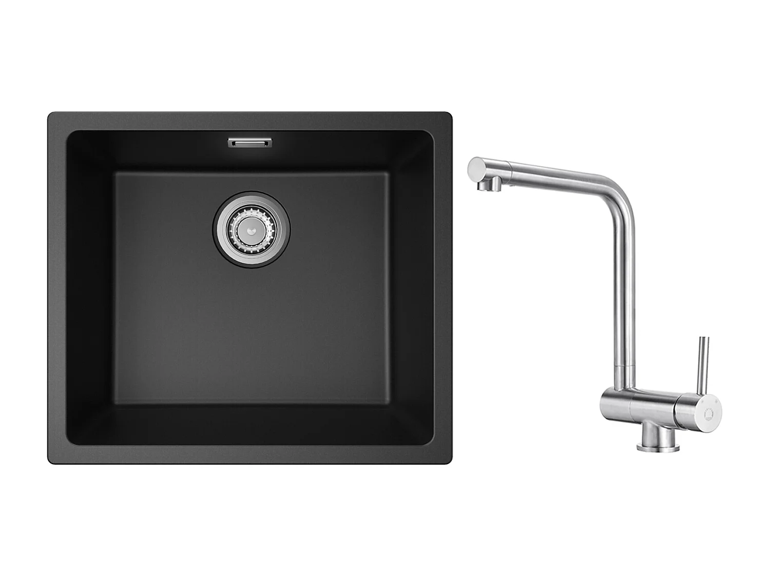 Einzelspüle aus Quarz und Kunstharz, 3 Montageoptionen, 50 x 44 x 20 cm + gebürsteter ausziehbarer Küchenmischhahn