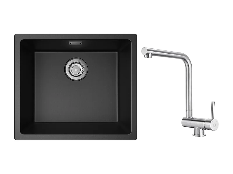 kom van kwarts en hars, 3 montageopties, 50 * 44 * 20 cm + geborstelde opvouwbare keukenmixer