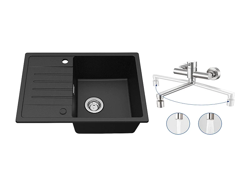 Noir Evier à Encastrer 1 Bac avec Egouttoir, Quartz et Résine, 65x45cm + Mitigeur de Cuisine Mural avec 2 Jets Brossé