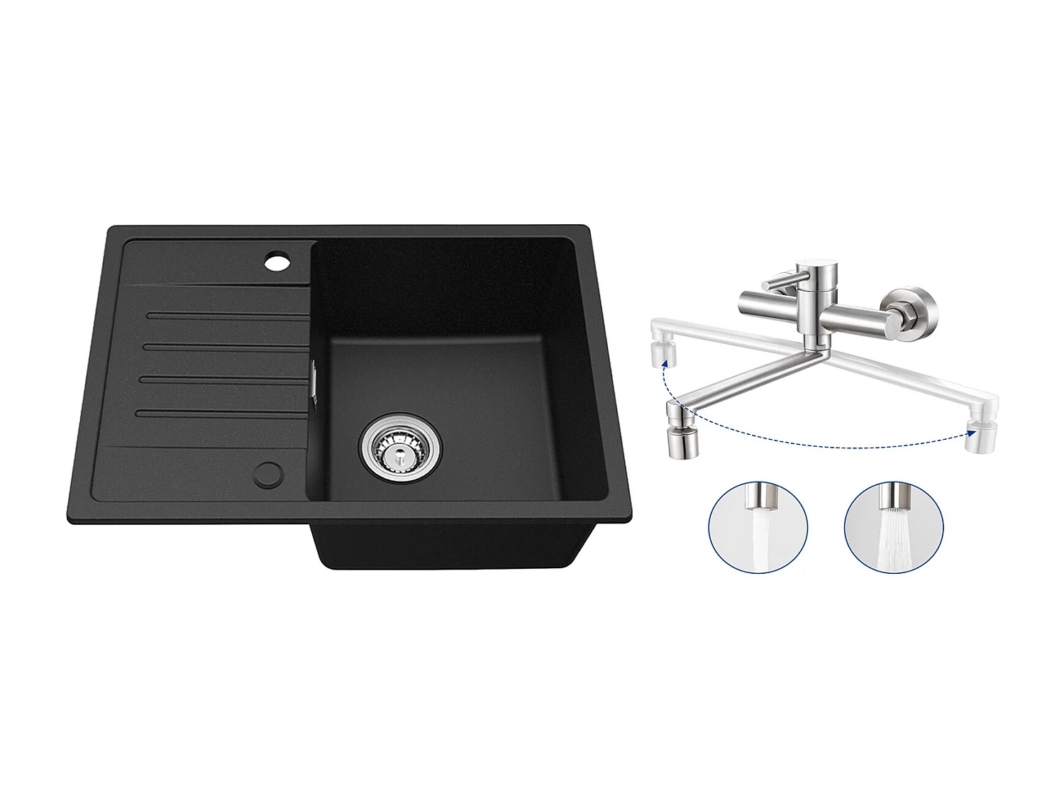 Noir Evier à Encastrer 1 Bac avec Egouttoir, Quartz et Résine, 65x45cm + Mitigeur de Cuisine Mural avec 2 Jets Brossé