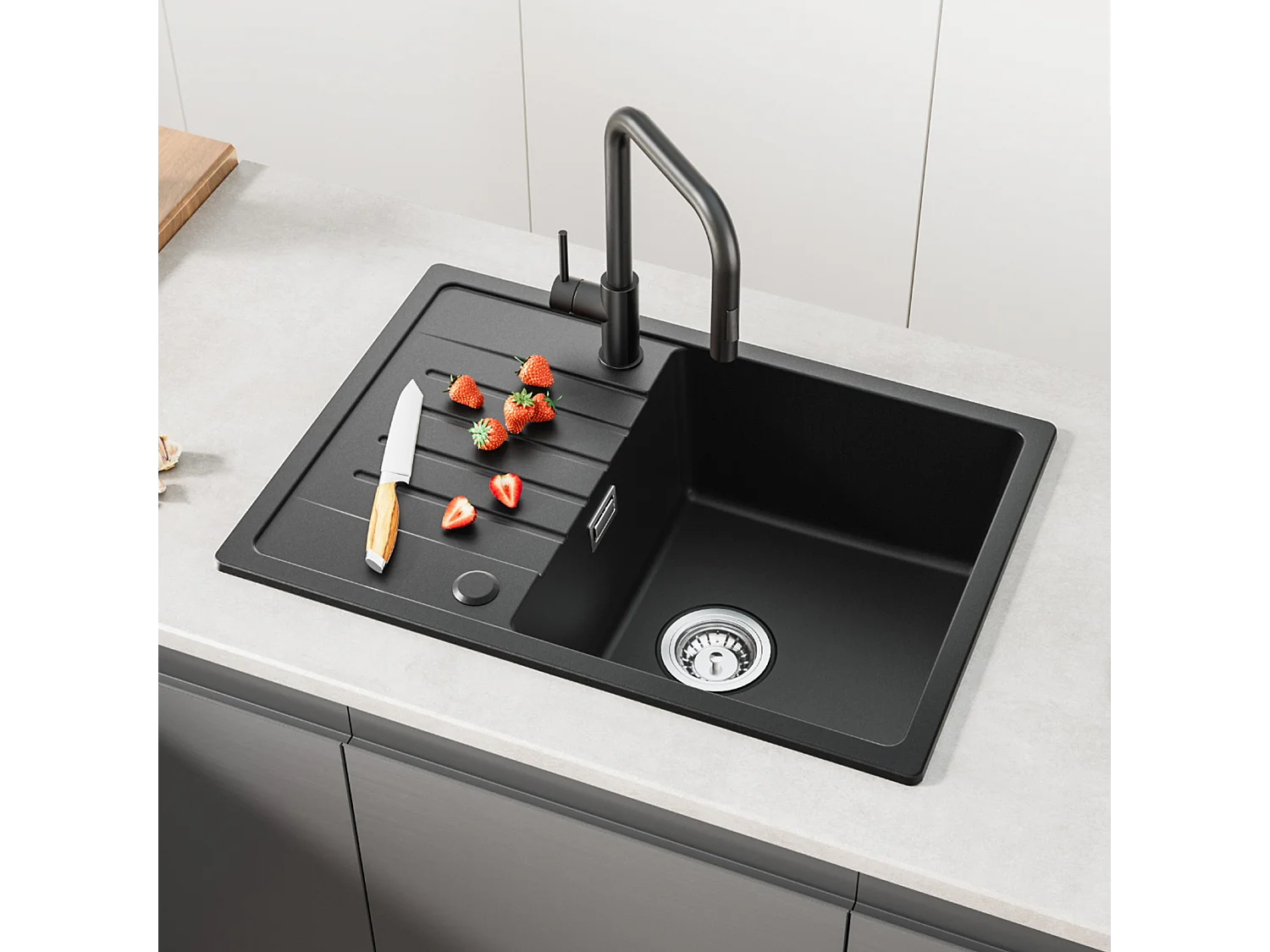 Noir Evier à Encastrer 1 Bac avec Egouttoir, Quartz et Résine, 65x45cm + Mitigeur de Cuisine Mural avec 2 Jets Brossé