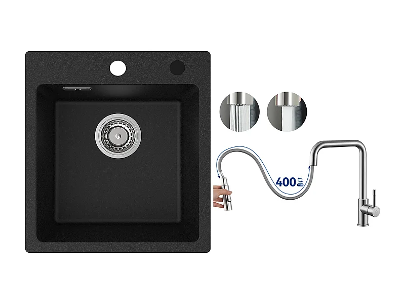 Cecipa MAX 40x45cm Noir Evier de Cuisine en Quartz et Résine Evier 1 Bac + Mitigeur avec Douchette Extractible, Brossé