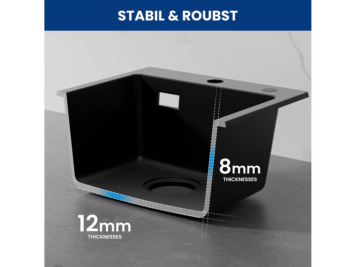 Cecipa MAX 40x45cm zwarte keukenspoelbak in kwarts en hars, 1 spoelbak + mengkraan met uittrekbare spray, geborsteld