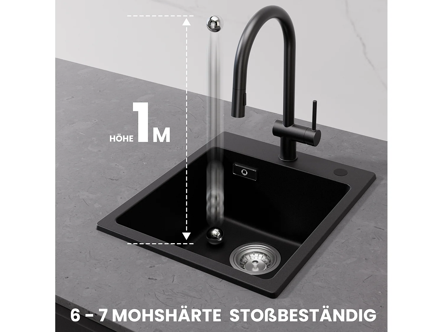 Cecipa MAX 40x45cm Noir Evier de Cuisine en Quartz et Résine Evier 1 Bac + Mitigeur avec Douchette Extractible, Brossé