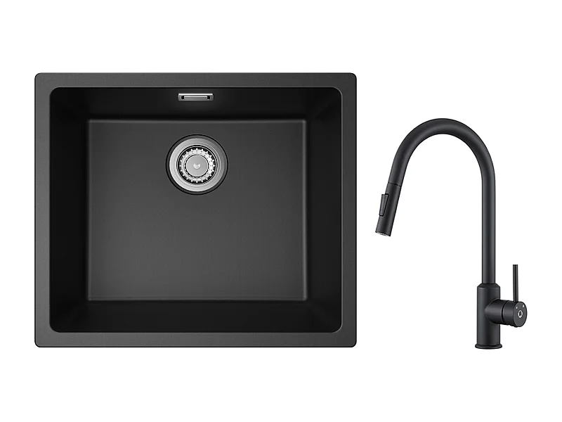 CECIPA MAX Evier 1 Bac en Quartz et Résine Noir Gris 50*44*20cm + Mitigeur de Cuisine avec Douchette Extractible Noir