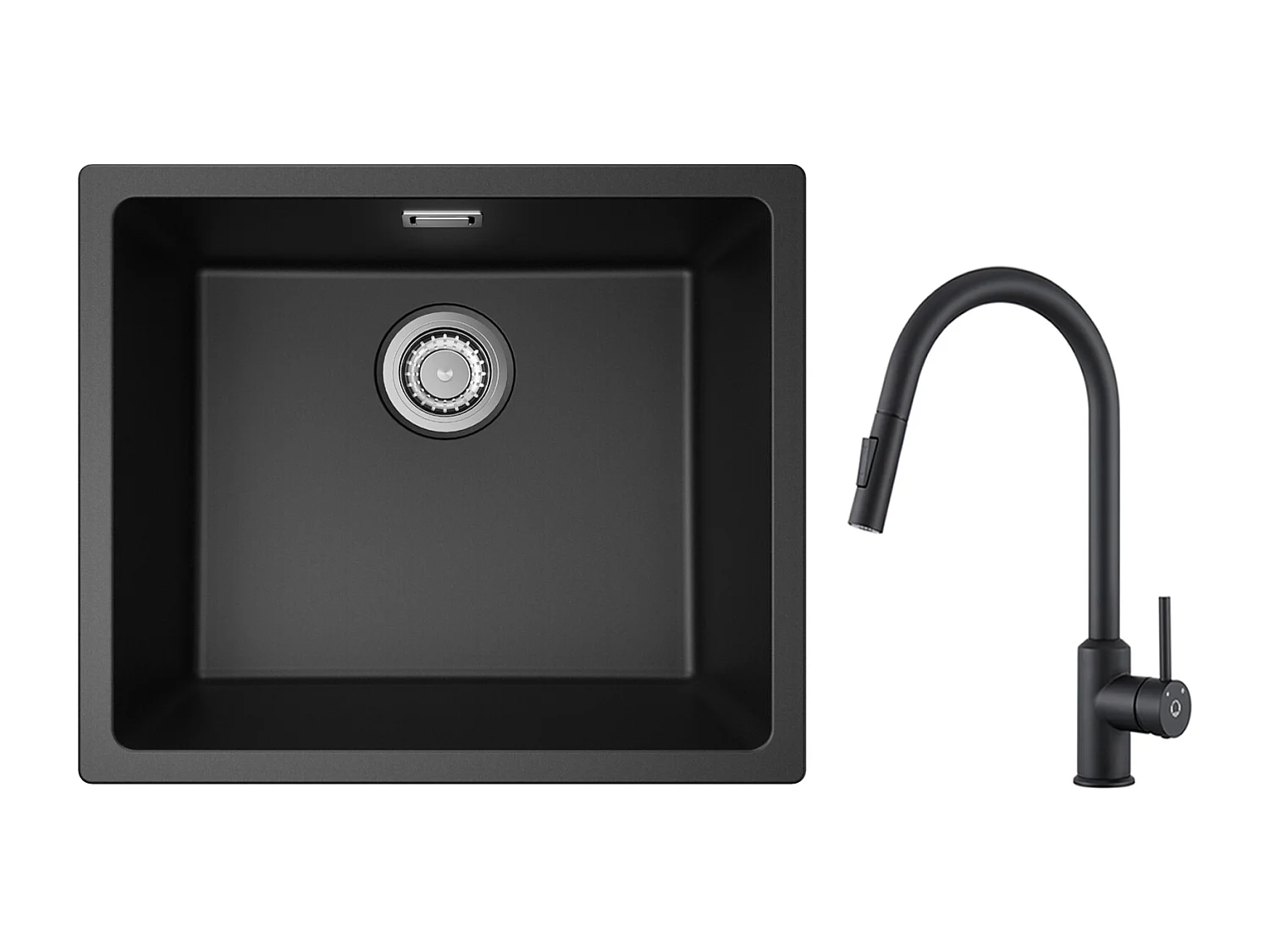 CECIPA MAX Evier 1 Bac en Quartz et Résine Noir Gris 50*44*20cm + Mitigeur de Cuisine avec Douchette Extractible Noir