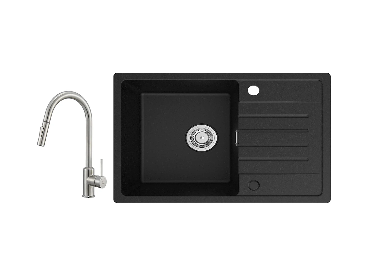 Lavello Cecipa max 1 Vasca 78x45cm con Gocciolatoio da Incasso Lavello in Quarzo e Resina Nera + Miscelatore con Doccia Estraibile - 2 Modalità di Uscita Acqua